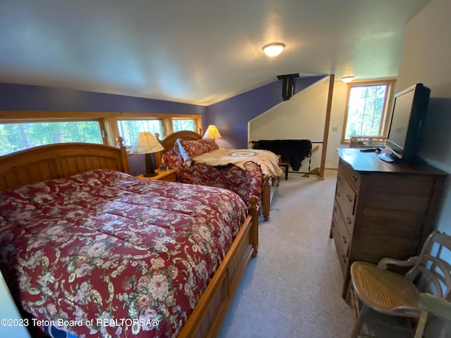 bedroom with multiple windows, carpet floors, and vaulted ceiling