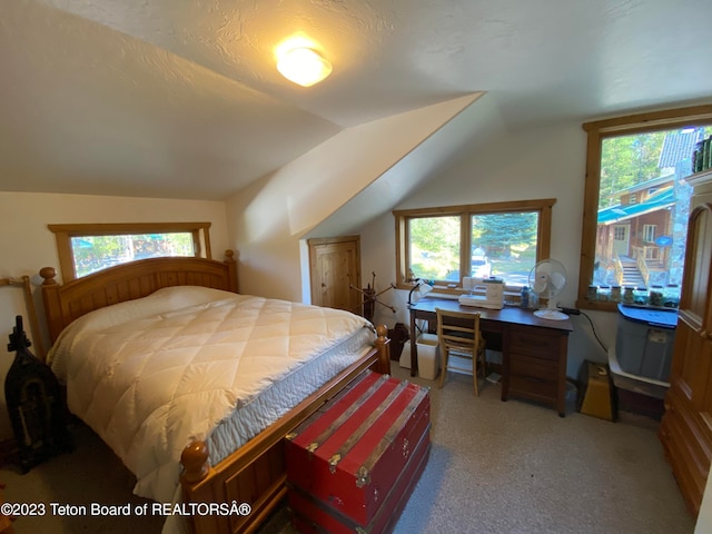 carpeted bedroom featuring lofted ceiling