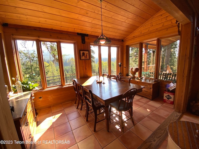 dining space with tile patterned flooring, lofted ceiling, and plenty of natural light