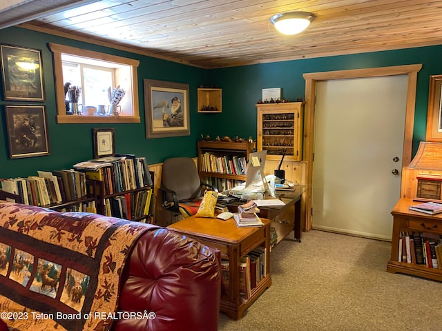 carpeted home office featuring wood ceiling