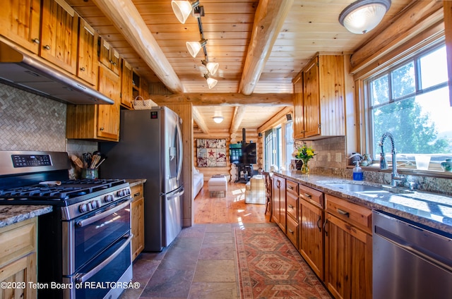 kitchen featuring stainless steel appliances, dark stone counters, beamed ceiling, tasteful backsplash, and sink