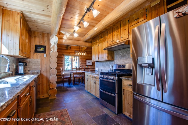 kitchen featuring tasteful backsplash, log walls, wooden ceiling, and appliances with stainless steel finishes