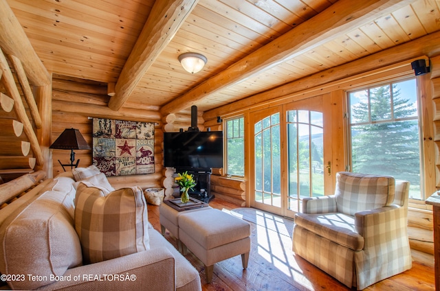 living room featuring wooden ceiling, beamed ceiling, light wood-type flooring, and rustic walls