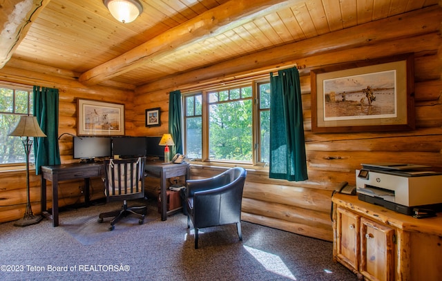 office space featuring log walls, wood ceiling, and a wealth of natural light