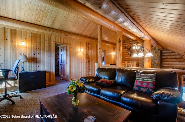 interior space with rustic walls, vaulted ceiling with beams, and wooden ceiling