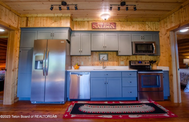 kitchen featuring wooden ceiling, dark wood-type flooring, appliances with stainless steel finishes, and sink