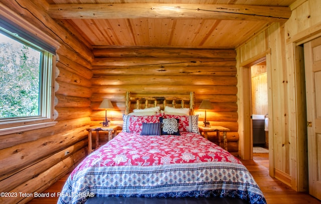 bedroom with beam ceiling, log walls, wood ceiling, and wood-type flooring