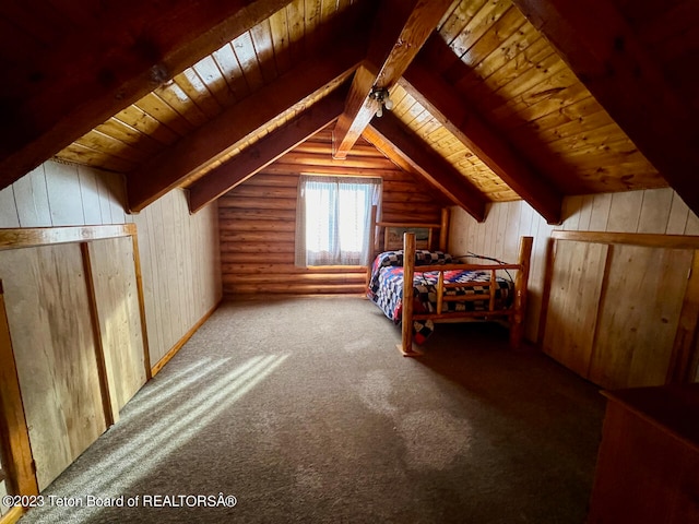 unfurnished bedroom with wooden ceiling, lofted ceiling with beams, light colored carpet, and rustic walls