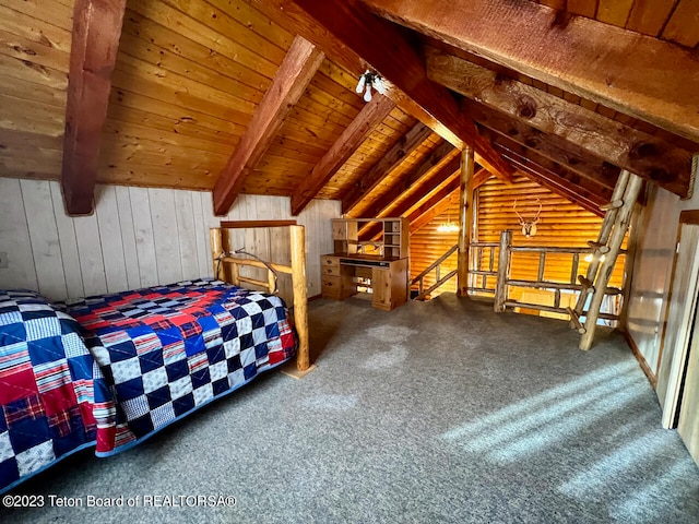 unfurnished bedroom with vaulted ceiling with beams, wooden walls, dark colored carpet, and wood ceiling