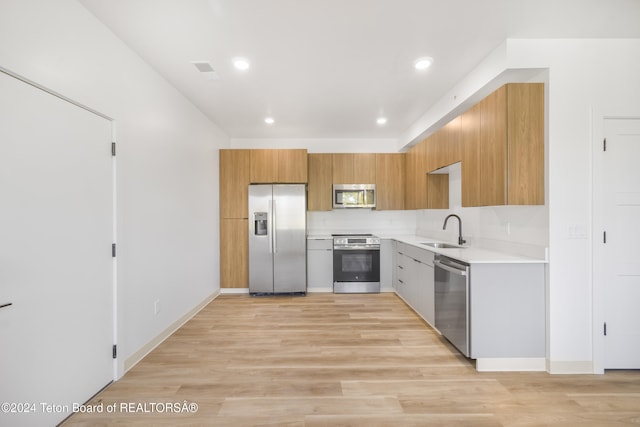 kitchen featuring light wood-type flooring, stainless steel appliances, and sink