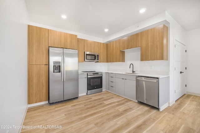 kitchen with light wood-type flooring, appliances with stainless steel finishes, and sink