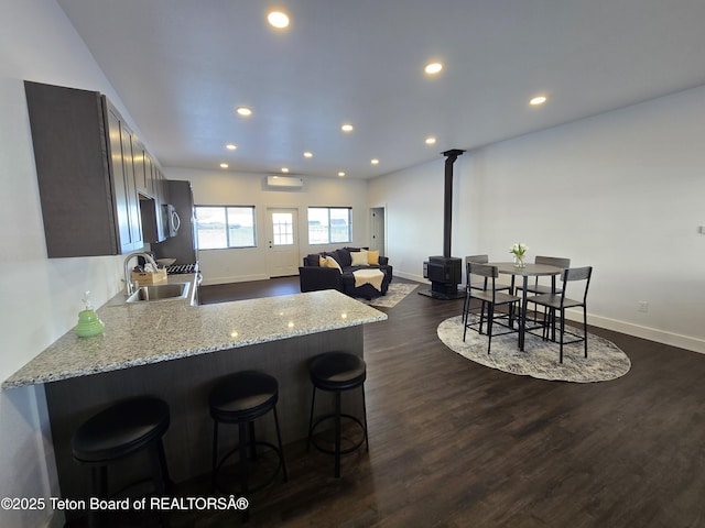 kitchen with a peninsula, dark wood-style flooring, a sink, open floor plan, and a wood stove