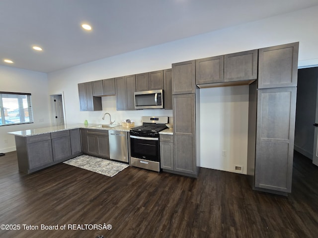 kitchen featuring appliances with stainless steel finishes, dark wood-style flooring, a sink, and recessed lighting