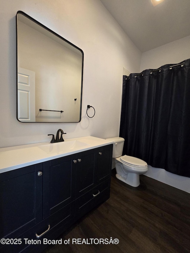 bathroom featuring toilet, a shower with curtain, wood finished floors, and vanity