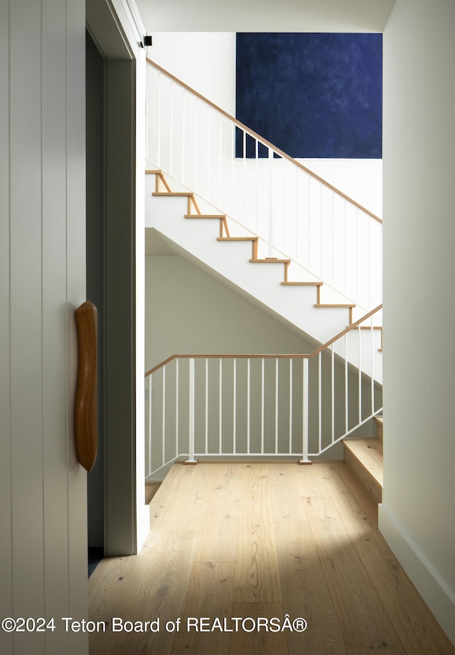 stairs with hardwood / wood-style flooring