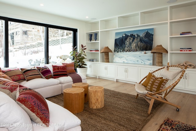 living room featuring built in features and light wood-type flooring