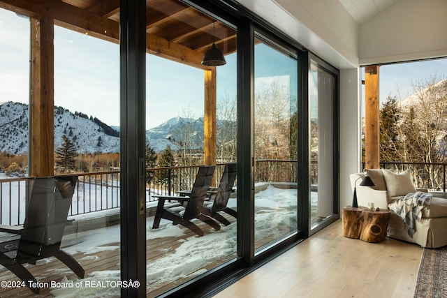 entryway featuring floor to ceiling windows, lofted ceiling, a mountain view, and hardwood / wood-style flooring