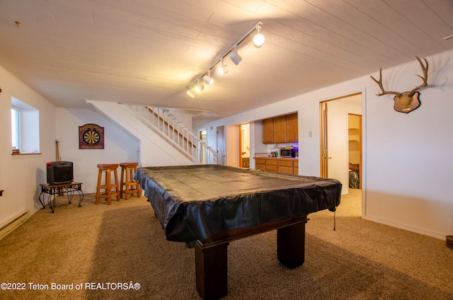 rec room with track lighting, carpet floors, and billiards