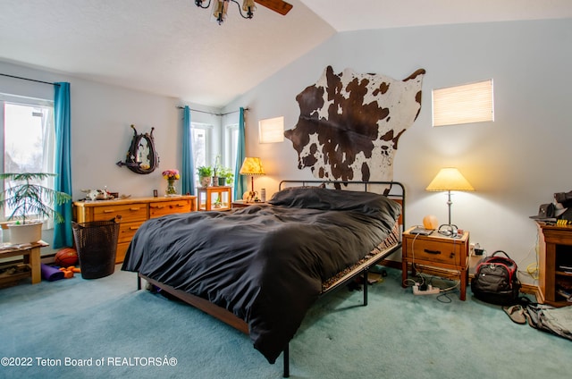 bedroom with vaulted ceiling and carpet floors