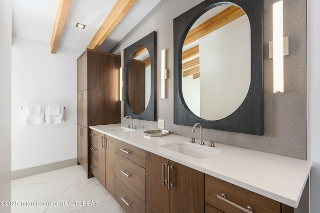 3139 Slinger Ct, Driggs, ID 83422 - bathroom with double vanity, beamed ceiling, and marble finish flooring