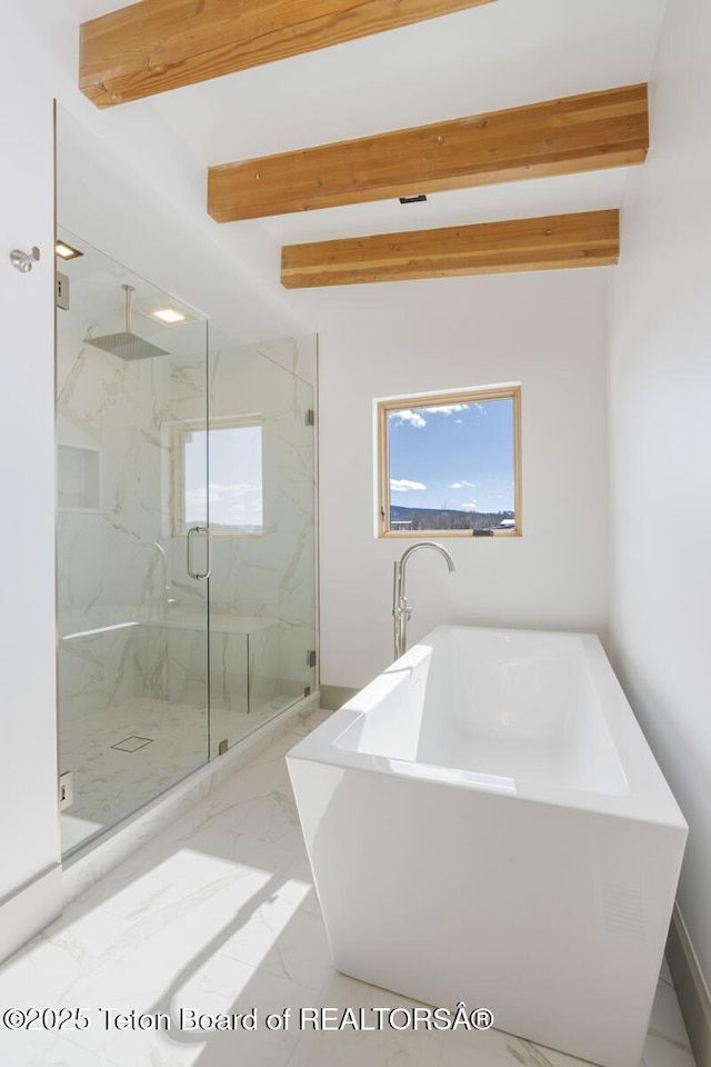 3139 Slinger Ct, Driggs, ID 83422 - full bathroom featuring marble finish floors, plenty of natural light, a marble finish shower, beamed ceiling, and a freestanding bath