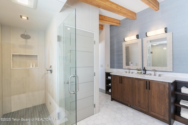 3139 Slinger Ct, Driggs, ID 83422 - bathroom featuring a shower stall, beamed ceiling, double vanity, and tile patterned flooring
