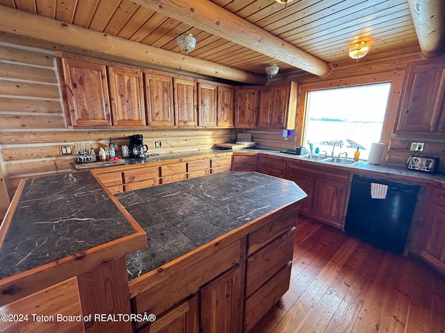 kitchen with log walls, wood ceiling, dark wood-type flooring, black dishwasher, and beam ceiling