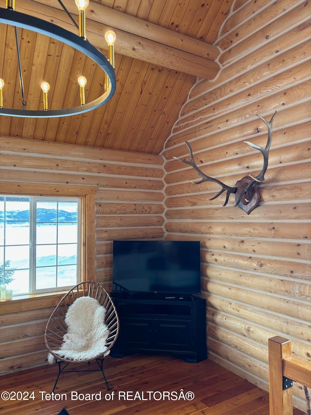 living room with rustic walls, dark wood-type flooring, wood ceiling, and lofted ceiling with beams