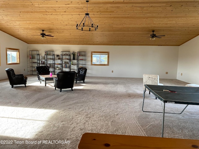 playroom with light carpet, wooden ceiling, lofted ceiling, and ceiling fan with notable chandelier