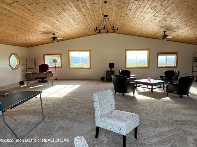 interior space featuring light carpet, wooden ceiling, ceiling fan, and lofted ceiling