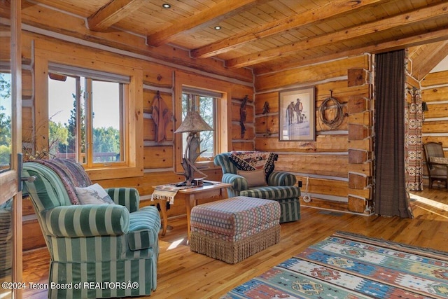 5 W Blair Rd, Alta, WY 83414 - living area featuring log walls, wooden ceiling, hardwood / wood-style floors, and beam ceiling