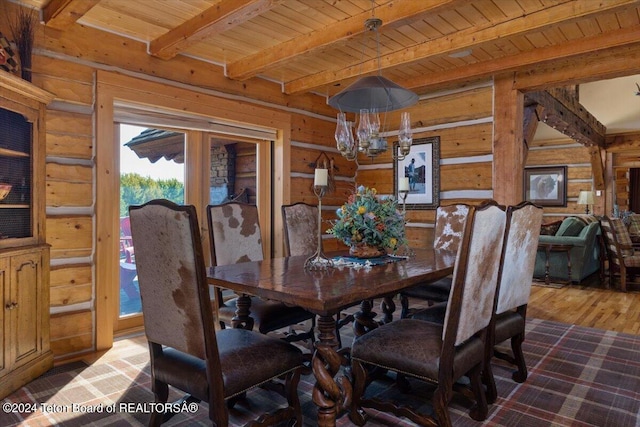 5 W Blair Rd, Alta, WY 83414 - dining room with beam ceiling, dark wood-type flooring, wood walls, and wooden ceiling