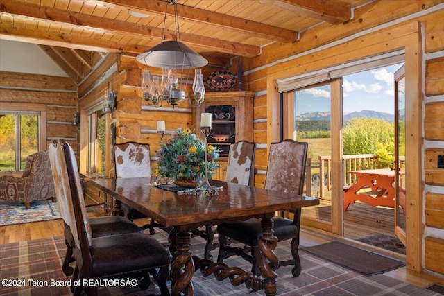 5 W Blair Rd, Alta, WY 83414 - dining room with dark hardwood / wood-style flooring, wooden ceiling, a mountain view, and beam ceiling