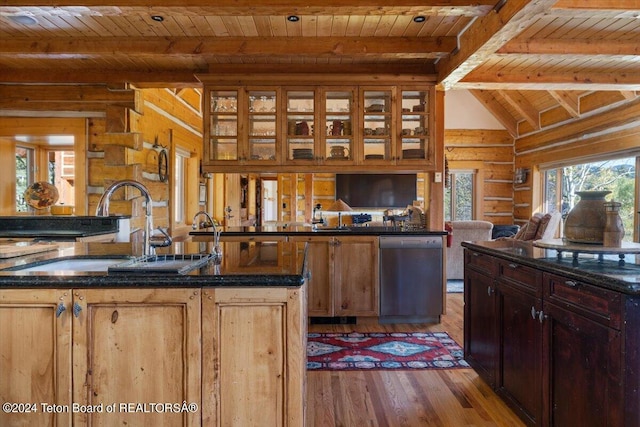5 W Blair Rd, Alta, WY 83414 - kitchen featuring light hardwood / wood-style floors, vaulted ceiling with beams, wood ceiling, dishwasher, and sink