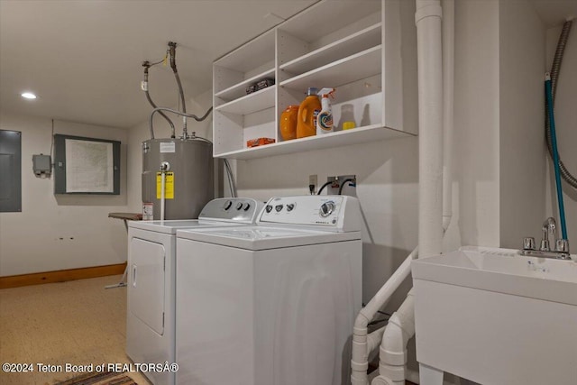 5 W Blair Rd, Alta, WY 83414 - laundry area featuring washing machine and dryer, water heater, hookup for a washing machine, sink, and light tile flooring