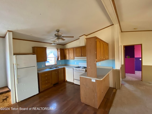 kitchen featuring white appliances, ceiling fan, sink, dark colored carpet, and vaulted ceiling with beams