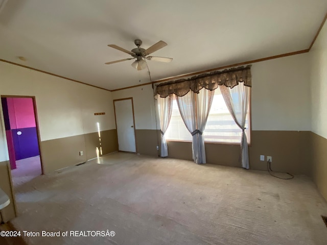 empty room featuring ceiling fan, ornamental molding, and light carpet