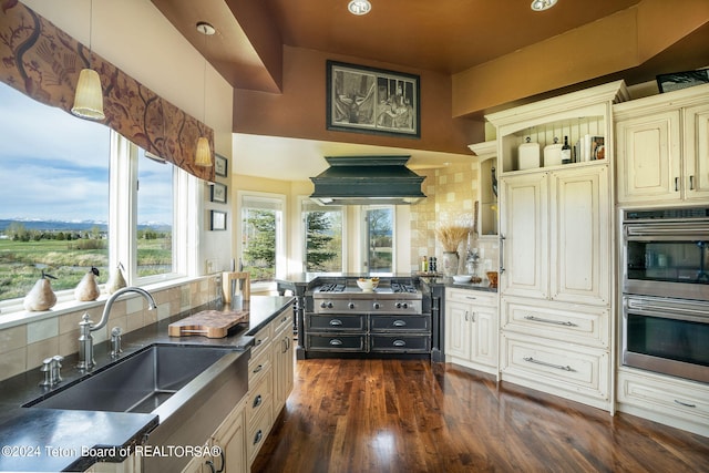 kitchen featuring dark hardwood / wood-style flooring, hanging light fixtures, tasteful backsplash, and sink