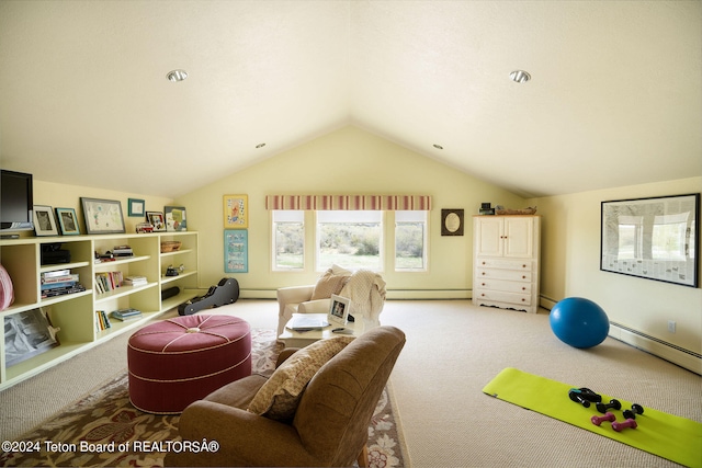 living room with lofted ceiling, a baseboard radiator, and light carpet