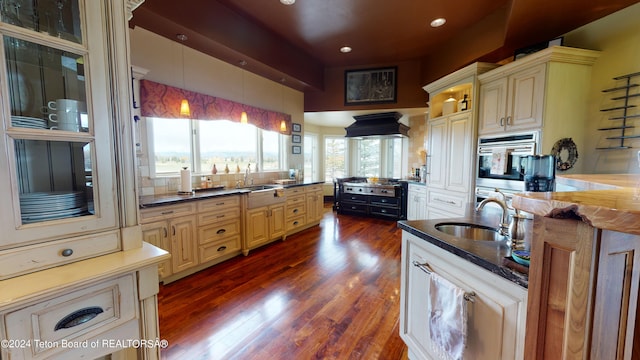 kitchen featuring premium range hood, dark hardwood / wood-style floors, sink, and pendant lighting