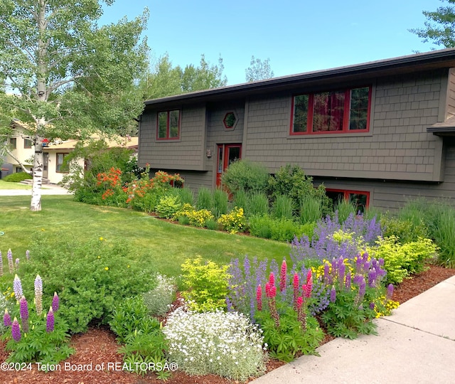 raised ranch featuring a front lawn