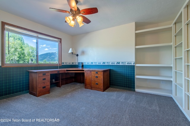 unfurnished office with ceiling fan and dark carpet