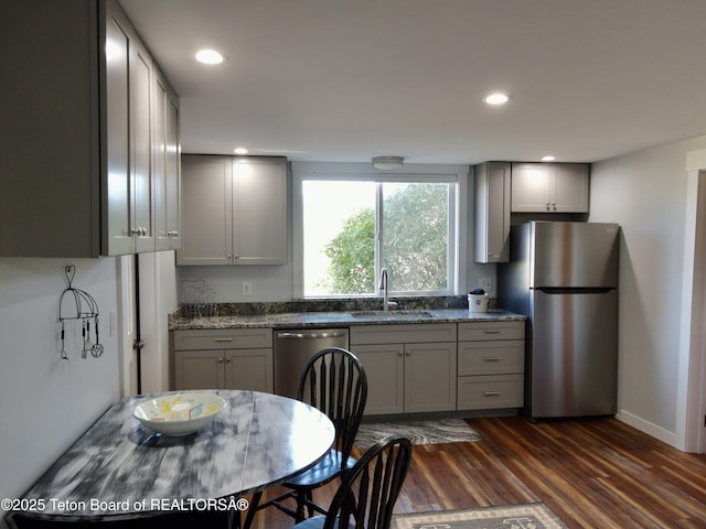 4193 Old Irwin Rd, Irwin, ID 83428 - kitchen with dark wood-type flooring, gray cabinetry, a sink, freestanding refrigerator, and dishwashing machine