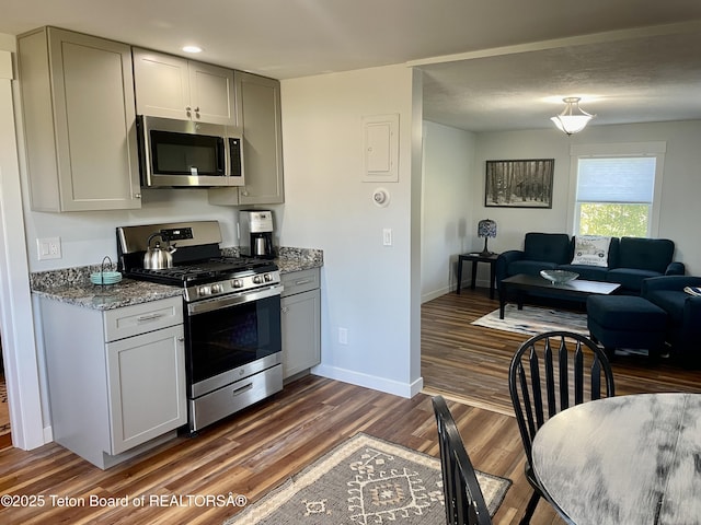 4193 Old Irwin Rd, Irwin, ID 83428 - kitchen featuring open floor plan, dark wood-type flooring, baseboards, light stone countertops, and appliances with stainless steel finishes