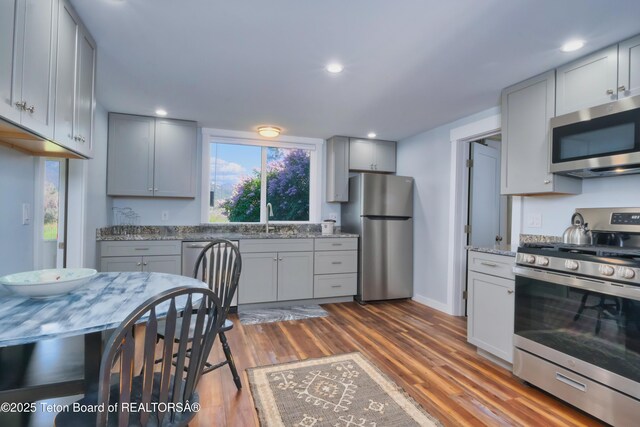 4193 Old Irwin Rd, Irwin, ID 83428 - kitchen with appliances with stainless steel finishes, dark wood finished floors, gray cabinets, light stone counters, and recessed lighting