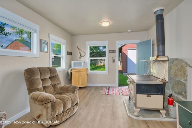 4193 Old Irwin Rd, Irwin, ID 83428 - living area with a wood stove, light wood finished floors, and healthy amount of natural light