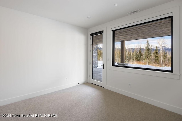 spare room with carpet floors, baseboards, and visible vents