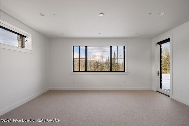 unfurnished room featuring light carpet, a healthy amount of sunlight, and baseboards