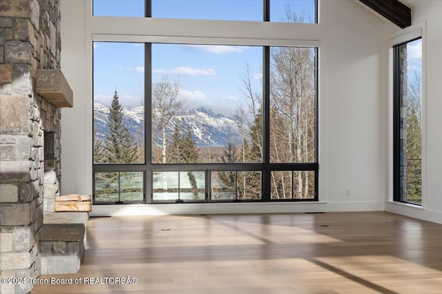 unfurnished living room featuring a healthy amount of sunlight, a high ceiling, and wood finished floors