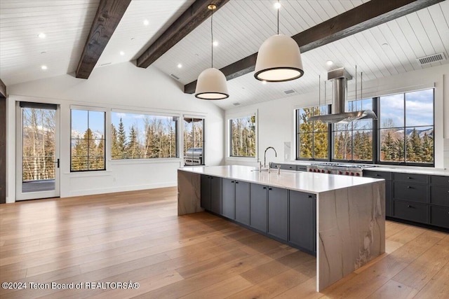 kitchen featuring gray cabinets, visible vents, light countertops, and ventilation hood